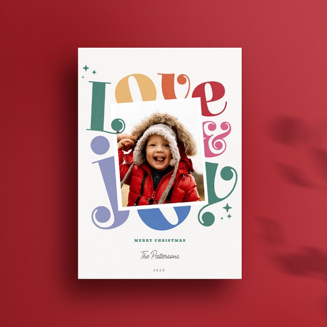 Cartes Pour Fêtes Annuelles Retro Rainbow Love and Jove 1 photo Noël (Custom Love and Joy Colorful  modern rainbow 1 photo holiday card shown on a bright red background)