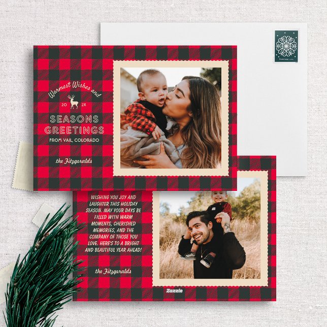 Cartes Pour Fêtes Annuelles Retro Red Buffalo Plaid Russe Photo de Noël (Créateur téléchargé)