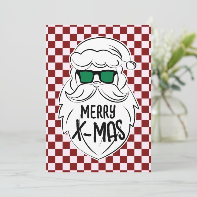 Cartes Pour Fêtes Annuelles Retro Red Pink Checkered Santa Claus Christmas  (Debout devant)