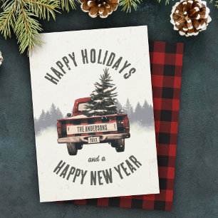Cartes Pour Fêtes Annuelles Retro Red Plaid Camion de Noël personnalisé Nom de