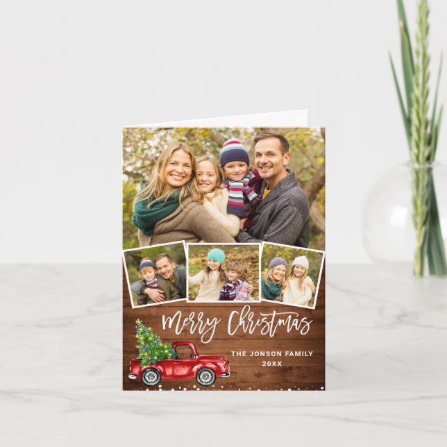 Cartes Pour Fêtes Annuelles Retro Red Truck Rustic 3 PHOTO Noël Salutation (Devant)