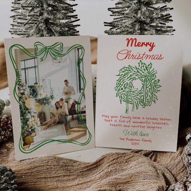 Cartes Pour Fêtes Annuelles Retro Rouge Main Tirée Bow Wreath Photo Noël (Créateur téléchargé)