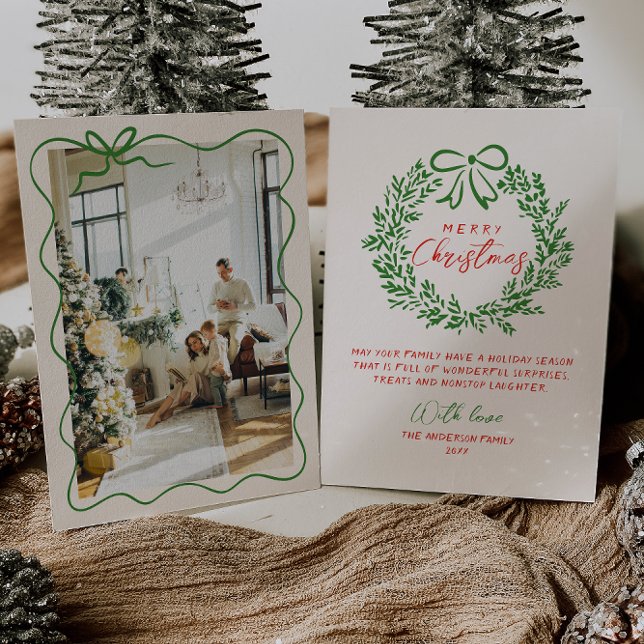 Cartes Pour Fêtes Annuelles Retro Rouge Main Tirée Ruban Wreath Photo Noël (Créateur téléchargé)
