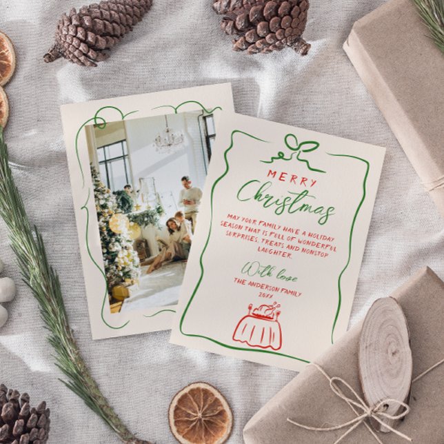 Cartes Pour Fêtes Annuelles Retro Rouge vert main écrite photo dessinée Noël (Créateur téléchargé)