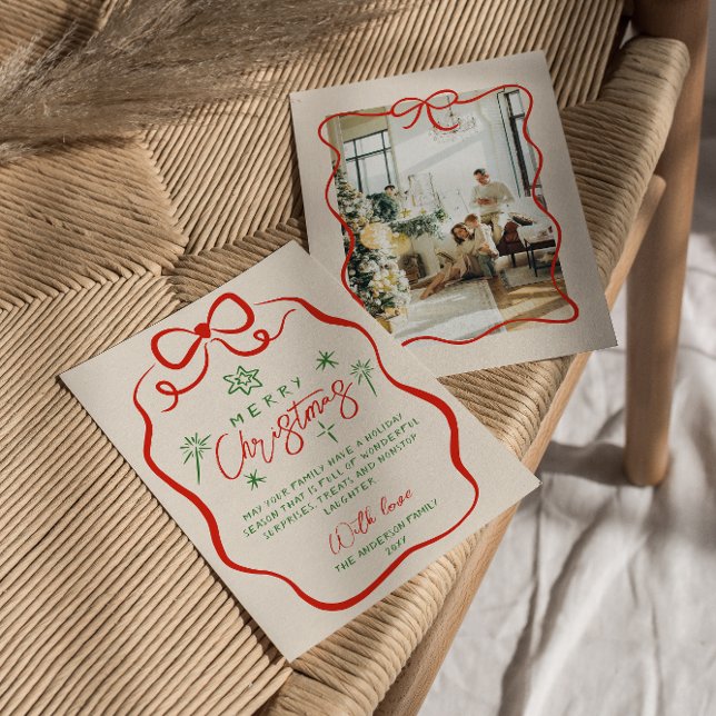 Cartes Pour Fêtes Annuelles Retro Rouge vert main tiré Quirky Bow Noël (Créateur téléchargé)