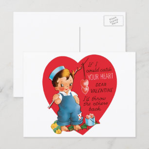 Cartes Pour Fêtes Annuelles Rétro Saint-Valentin, garçon vintage pêchant des c