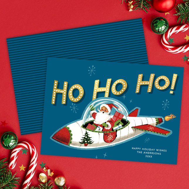 Cartes Pour Fêtes Annuelles Retro Santa in Rocket Ho Ho Ho Non-Photo Christmas (Créateur téléchargé)