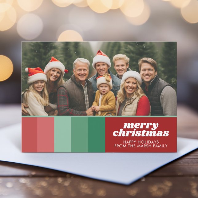 Cartes Pour Fêtes Annuelles Retro Stripes - Photo - Joyeux Noël Line Art (Retro Curvy Line art Christmas card - shades of red and green)