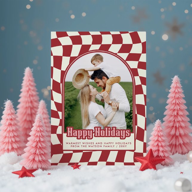 Cartes Pour Fêtes Annuelles Retro Super À damiers Happy Holidays Photo (Retro Groovy Checkered Happy Holidays Photo Holiday Card)
