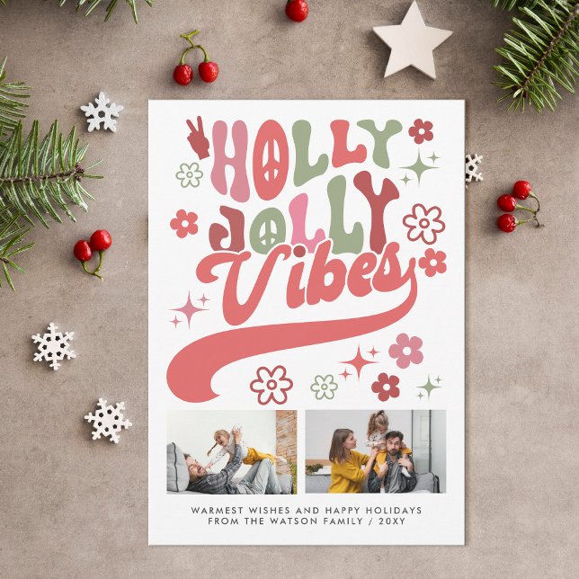 Cartes Pour Fêtes Annuelles Retro Super Holly Jolly Vibes Typographie 2 Photo (Retro Groovy Holly Jolly Vibes Typography 2 Photo Holiday Card )