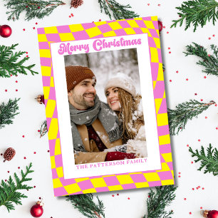 Cartes Pour Fêtes Annuelles Rétro Vague À Carreaux Rose Jaune Photo Noël