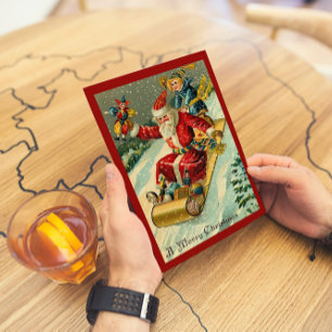 Cartes Pour Fêtes Annuelles Retro Vintage Joyeux Noël Père Noël Sledding Garço
