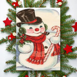 Cartes Pour Fêtes Annuelles Retro Vintage Snowman en haut du chapeau Custom Ch<br><div class="desc">Customisez cette jolie carte de Noël vintage qui présente un bonhomme de neige portant un foulard rouge et un chapeau de dessus noir tout en tenant un brin de mistletoe dans une main un sucre de canne dans l'autre. Personnalisez le texte en ajoutant votre nom ou utilisez l'outil d'édition de...</div>