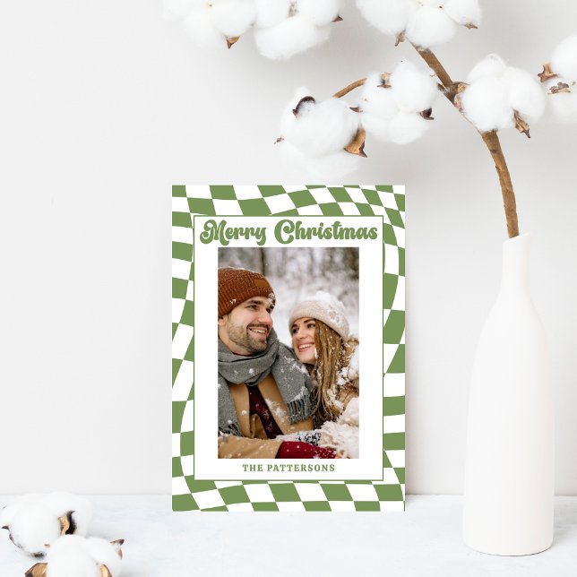 Cartes Pour Fêtes Annuelles Retro Wavy Checkered Sage Green Photo Christmas  (Créateur téléchargé)