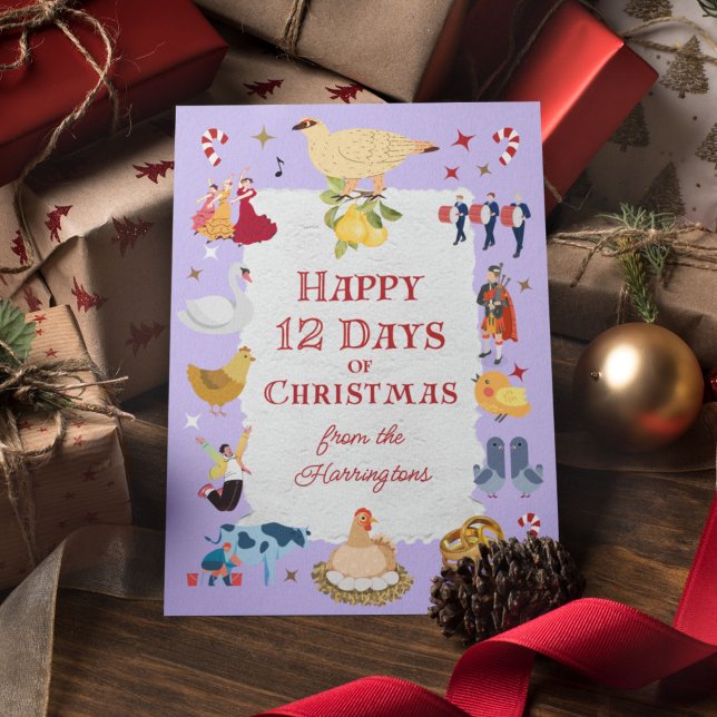Cartes Pour Fêtes Annuelles Retro Whimsical 12 Days of Christmas (On this whimsical card, "12 Days of Christmas" images appear against a pastel lavender background.)