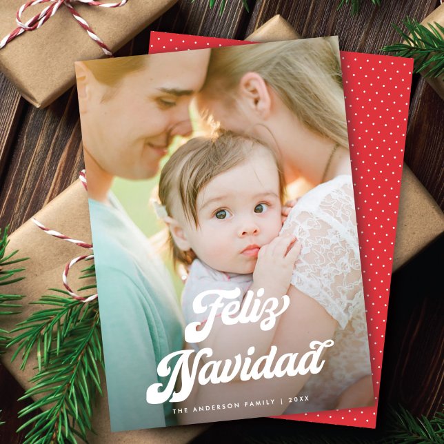 Cartes Pour Fêtes Annuelles Retro White Script Feliz Navidad One Photo (Créateur téléchargé)