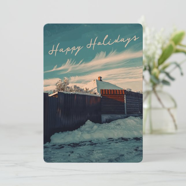 Cartes Pour Fêtes Annuelles Retro Winter Snow Landscape Teal Sky Holiday (Debout devant)