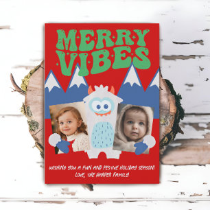 Cartes Pour Fêtes Annuelles Retro Yeti Whimsical Deux Enfants Photo Noël