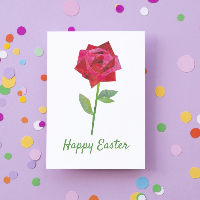 Cartes Pour Fêtes Annuelles Retrop Spring Rose Floral traditionnel Pâques (This traditional Easter card features my own hand-crafted collage art of a pink and red rose.)