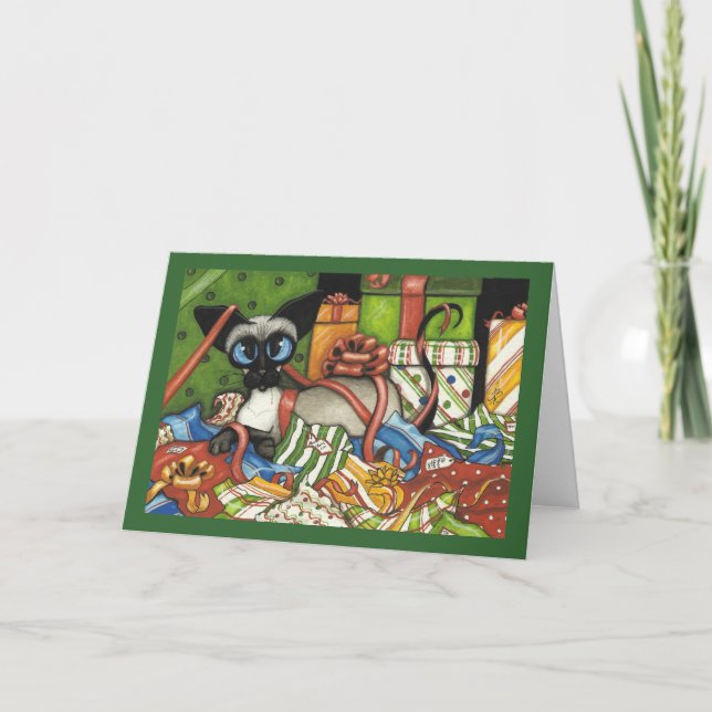 Cartes Pour Fêtes Annuelles Ribbon de Noël de chats de Siamese par Bihrle (Devant)