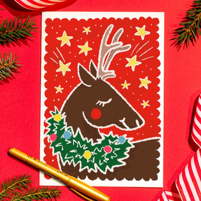 Cartes Pour Fêtes Annuelles Rindeer de style stamp rétro coloré (flat holiday card with illustrated retro style Christmas reindeer with wreath around neck)