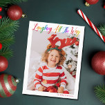 Cartes Pour Fêtes Annuelles Rire Tout Le Chemin Rainbow Kids Christmas Photo<br><div class="desc">Belle carte postale de Noël pleine couleur avec Laughing All the Way en joli script arc-en-ciel cursif. Personnalisez avec votre photo de famille verticale préférée de votre enfant souriant au-dessus de votre nom ou salutation personnalisée en rouge. Cartes postales de vacances amusantes et joyeuses.</div>