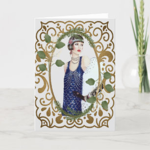 Cartes Pour Fêtes Annuelles Robe bleue vintage années 1920 femme Art Déco Flap
