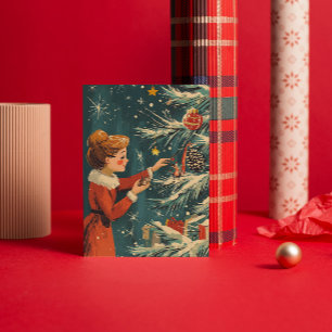 Cartes Pour Fêtes Annuelles Robe rouge de fille rétro Décoration Arbre de Noël