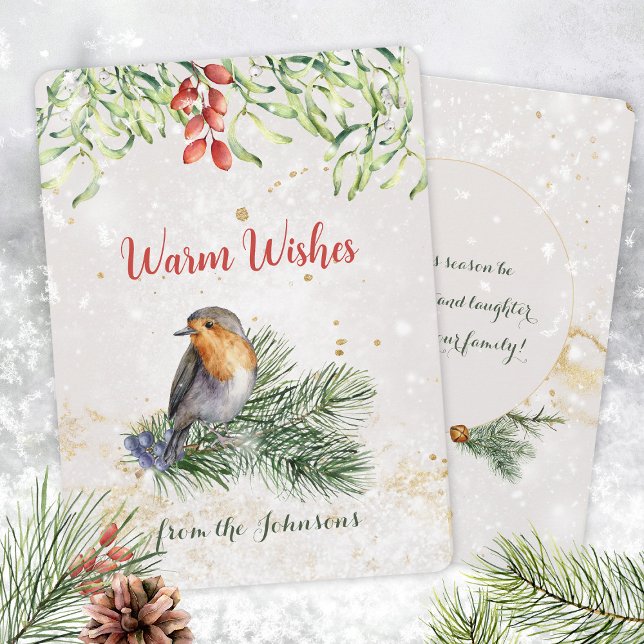 Cartes Pour Fêtes Annuelles Robin Mistletoe Snow Gold Accents (Robin Mistletoe Snow Gold Accents Holiday Card ©Susanne Sachers - Sunny Mind Design 🌞)