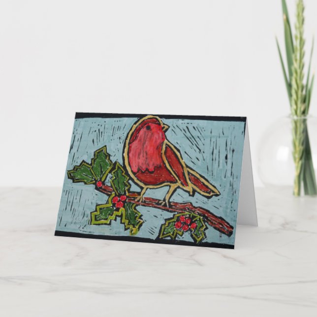 Cartes Pour Fêtes Annuelles Robin rouge de Noël avec baies vertes Holly (Devant)