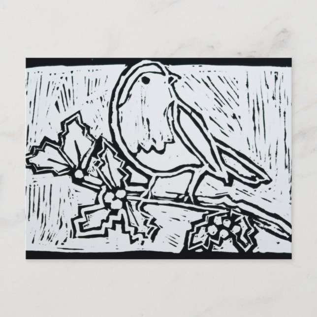 Cartes Pour Fêtes Annuelles Robin rouge de Noël avec Holly en noir et blanc (Devant)