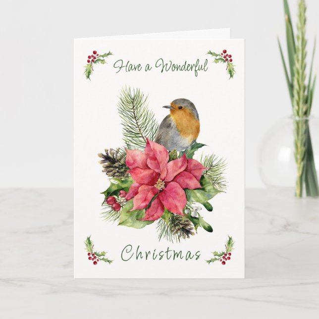 Cartes Pour Fêtes Annuelles Robin Rouge Poinsettia Pine Holly Noël (Devant)
