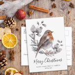 Cartes Pour Fêtes Annuelles Robin Winter Aquarelle Botanique Noël<br><div class="desc">Économisez de l'argent en envoyant de jolies cartes postales de Noël de robin d'aquarelle. Scène hivernale de feuilles gris et bleus, d'eucalyptus et de pinèdes comprend également un rouge-gorge. Message personnalisé Joyeux Noël trouvé sur le devant. Au dos de cette carte postale de vacances est plus de texte que vous...</div>