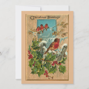 Cartes Pour Fêtes Annuelles Robins de Noël Vintage & Holly sur bois rustique