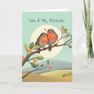 Cartes Pour Fêtes Annuelles Robins romantiques sur une branche d'arbre Jour de