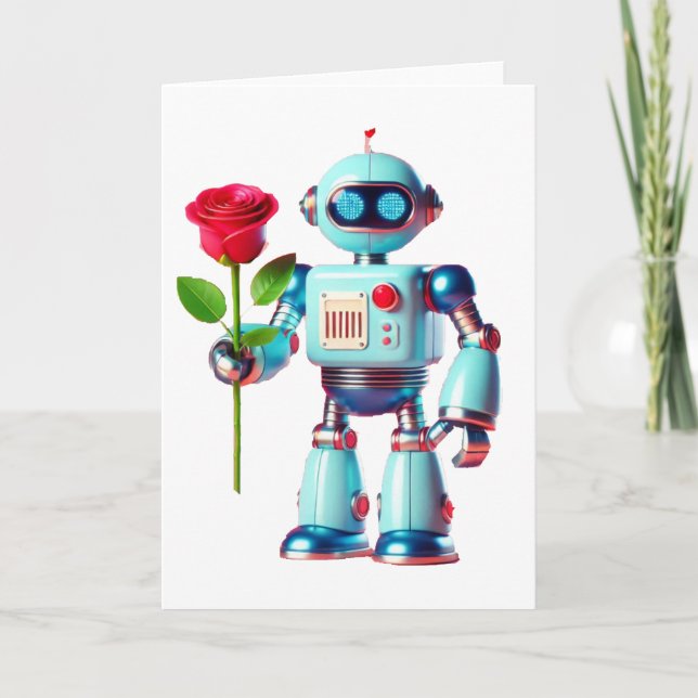 Cartes Pour Fêtes Annuelles Robot avec Rose (Devant)