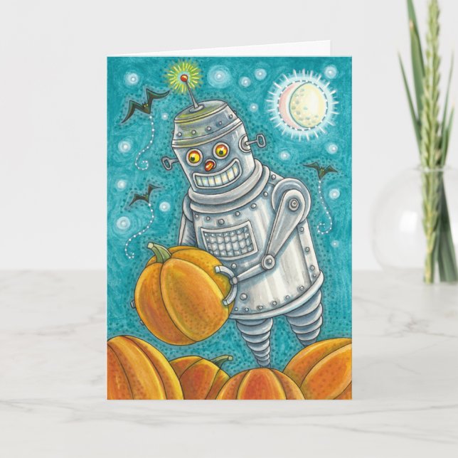 CARTES POUR FÊTES ANNUELLES ROBOT PICER CITROUILLES, HALLOWEEN HOMME MÉCANIQUE (Devant)