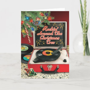 Cartes Pour Fêtes Annuelles Rockin' Autour Du Joueur Du Record D'Arbre De Noël