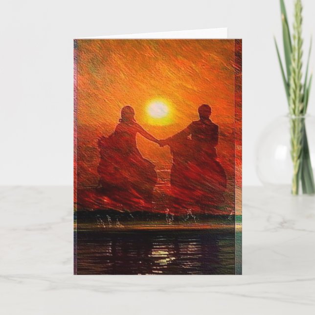 Cartes Pour Fêtes Annuelles Romantic Couple au coucher du soleil à cheval (Devant)