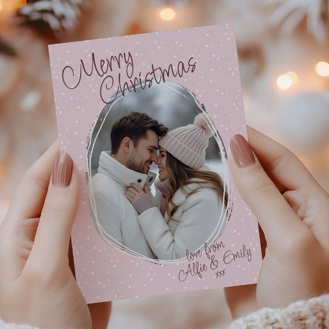 Cartes Pour Fêtes Annuelles Romantique rose manuscrit photo Joyeux Noël (Romantic pink handwritten Merry Christmas photo card from couple)