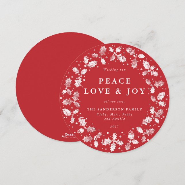 Cartes Pour Fêtes Annuelles Rond Rouge Holly Wreath Paix Amour + Joie (Devant / Derrière)