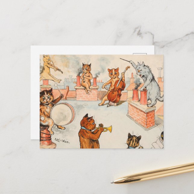 Cartes Pour Fêtes Annuelles Roof Top Band par Louis Wain (Devant/Arrière en situation)