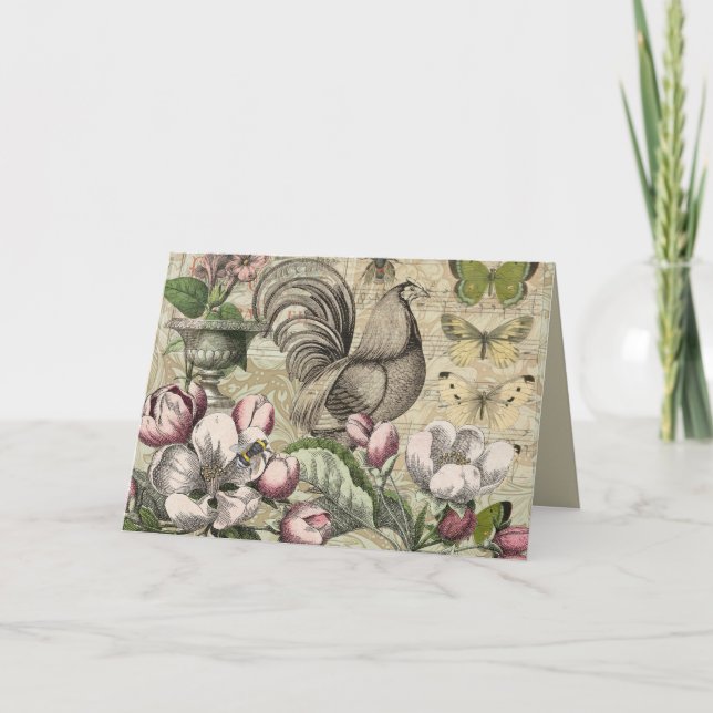 Cartes Pour Fêtes Annuelles Rooster Garden Flower Papillon Art (Devant)