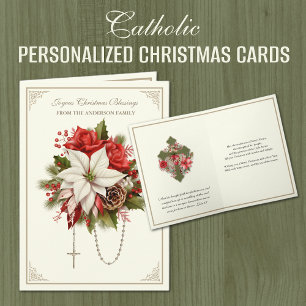 Cartes Pour Fêtes Annuelles Rosaire catholique de Noël Mary Heart Poinsettias