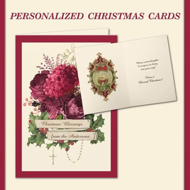 Cartes Pour Fêtes Annuelles Rosaire catholique Rose Religieux Bébé Jésus (TRADITIONAL CATHOLIC VINTAGE CHRISTMAS CARD WITH HOLY ROSARY AND BABY JESUS )