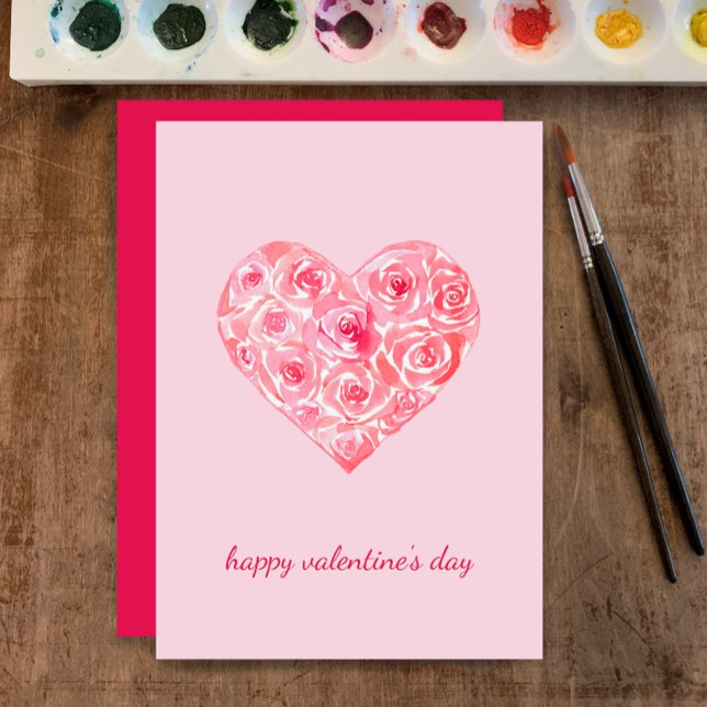 Cartes Pour Fêtes Annuelles Rose d'aquarelle personnalisé Coeur Saint-Valentin (Customize my hand painted watercolor roses in heart shape for a unique cute pink Valentines Day card)