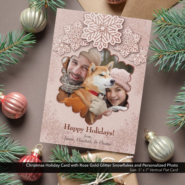 Cartes Pour Fêtes Annuelles Rose de Noël Parties scintillant d'or Snowflake Ph (Christmas Holiday Card with Rose Gold Glitter Snowflakes and Personalized Photo-5"x7" Flat Card)
