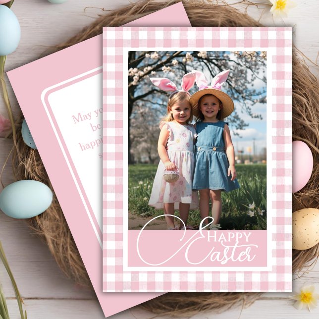 Cartes Pour Fêtes Annuelles Rose Et Blanc En vichy Bonne Photo Personnalisée D (Pink And White Gingham Happy Easter Custom Photo Holiday Card)