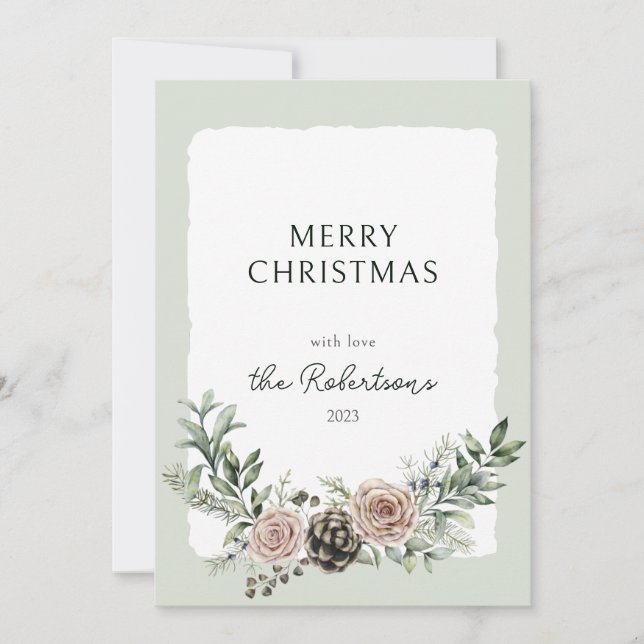 Cartes Pour Fêtes Annuelles Rose et cônes de pin Noël Verdure (Devant)