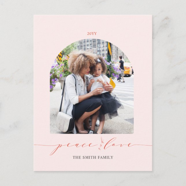 Cartes Pour Fêtes Annuelles Rose et rouge | Photo de Noël Paix et Amour (Devant)